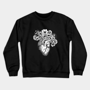 Human heart black and white with crow flowers anemones Crewneck Sweatshirt